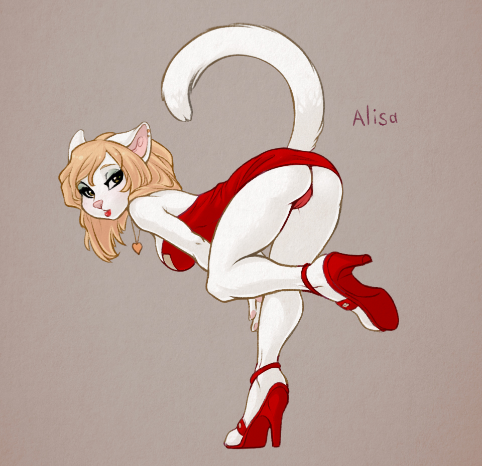 alisa anthro breasts camel_toe cat clothed clothing collaboration feline female fur hanging_breasts high_heels iskra looking_at_viewer mammal necklace pose raised_tail roksanadiamond shoes skimpy solo underwear white_fur