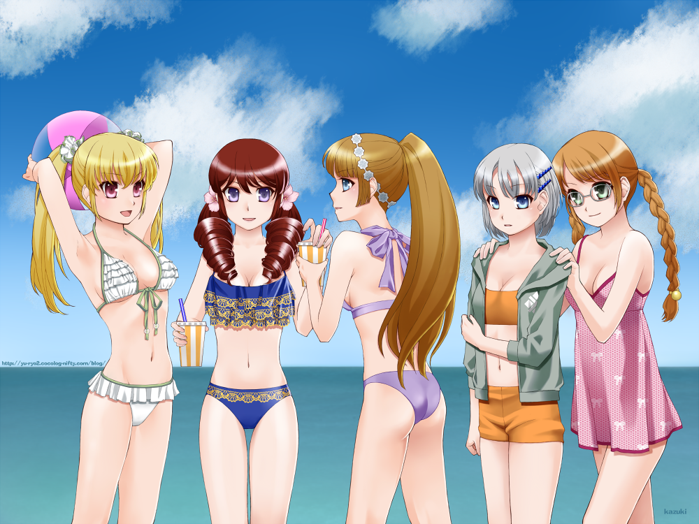 5girls annette_(monster_hunter) armpits arms_up artist_request ball beach beachball bikini blonde_hair blue_eyes blue_sky braid breasts brown_hair capcom cleavage cloud clouds demetoria_(monster_hunter) drill_hair drink efi_(monster_hunter) flower glasses hair_drill hair_flower hair_ornament hairclip hilde_(monster_hunter) hips jacket legs long_hair midriff monster_hunter monster_hunter_frontier multiple_girls navel ponytail purple_eyes red_eyes red_hair short_eyes short_hair silver_hair sky small_breasts swimsuit twintails water yunis_(monster_hunter)