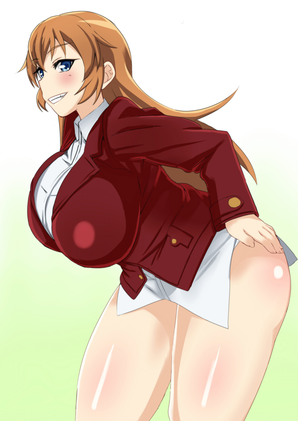 1girl blue_eyes breasts brown_hair charlotte_e._yeager commentary_request grin highres huge_breasts long_hair morisoba_(silent_hill) panties pantyshot smile solo standing strike_witches thighs underwear world_witches_series