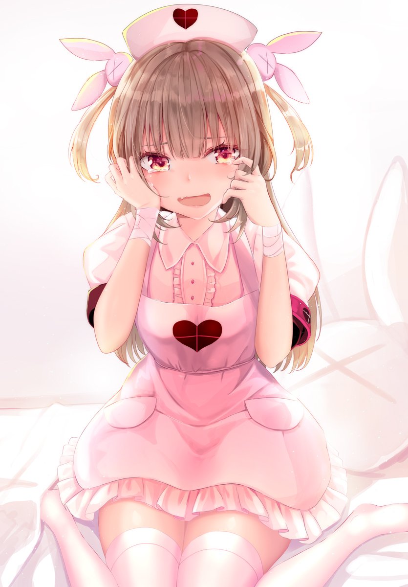 1girl apron armband backlighting bandage bandaged_arm bandages bangs bed_sheet bunny_hair_ornament collared_shirt commentary_request eyebrows_visible_through_hair fang frilled_apron frills hair_ornament hand_on_own_face haruka_natsuki hat heart heart_print highres light_brown_hair long_hair looking_at_viewer natori_sana nurse_cap on_bed open_mouth pink_apron pink_hat puffy_short_sleeves puffy_sleeves red_eyes sana_channel shirt short_sleeves sitting smile solo tearing_up tears thighhighs two_side_up virtual_youtuber wariza white_legwear wiping_tears