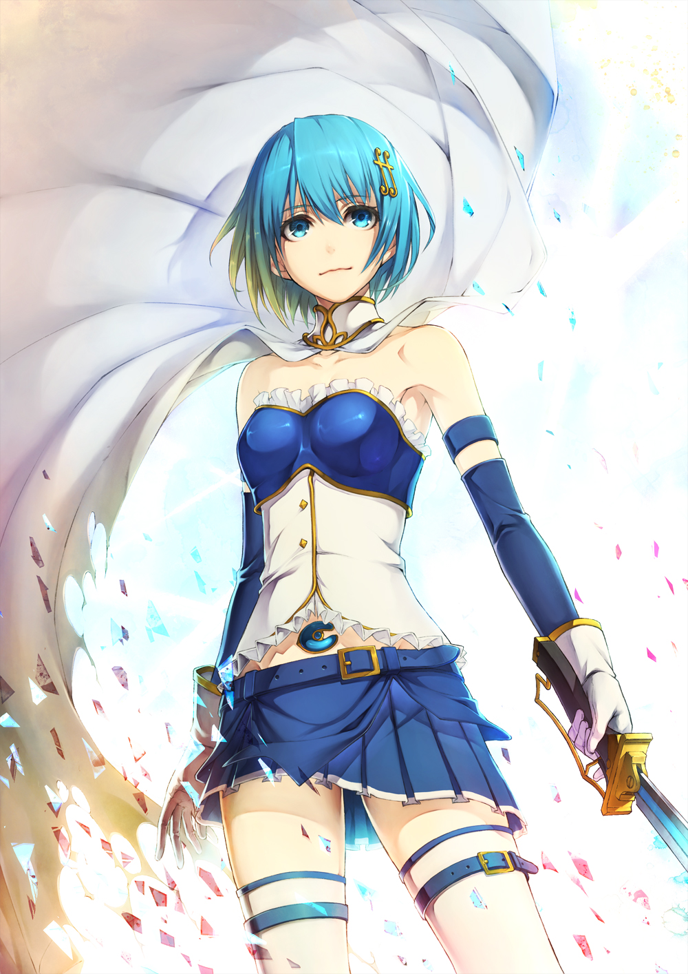 1girl armband bare_shoulders belt blue_belt blue_eyes blue_hair cape churayuki collarbone commentary_request fortissimo gloves hair_ornament hairclip highres magical_girl mahou_shoujo_madoka_magica mahou_shoujo_madoka_magica_(anime) mahou_shoujo_madoka_magica_movie_1_&_2 miki_sayaka miki_sayaka_(magical_girl) musical_note musical_note_hair_ornament photoshop_(medium) short_hair solo soul_gem sword thighhighs weapon zettai_ryouiki