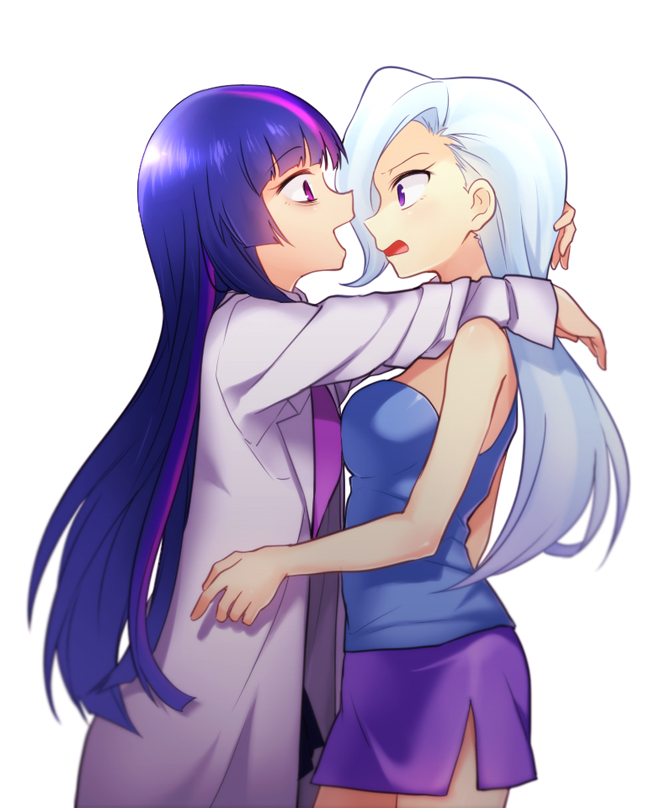 bags_under_eyes blue_hair hug labcoat lavender_hair long_hair multicolored_hair multiple_girls my_little_pony my_little_pony_friendship_is_magic open_mouth purple_eyes purple_hair rex_k skirt smile trixie_lulamoon twilight_sparkle two-tone_hair yuri