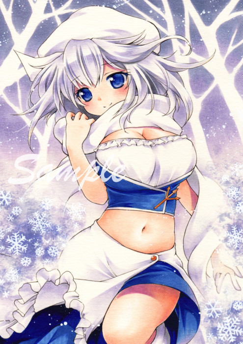 blue_eyes blush bow breasts funnyfunny hat hat_bow large_breasts letty_whiterock navel sample scarf snowflakes solo touhou white_hair white_scarf