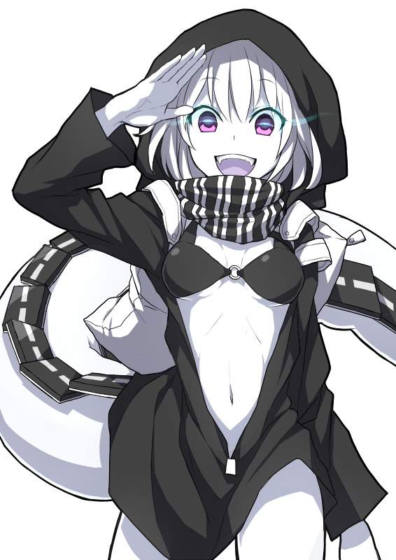 bad_id bad_pixiv_id black_bra bra breasts glowing glowing_eyes guwatefu hood jacket kantai_collection looking_at_viewer medium_breasts navel open_clothes open_jacket open_mouth purple_eyes re-class_battleship salute scarf shinkaisei-kan simple_background solo underwear white_background white_hair white_skin