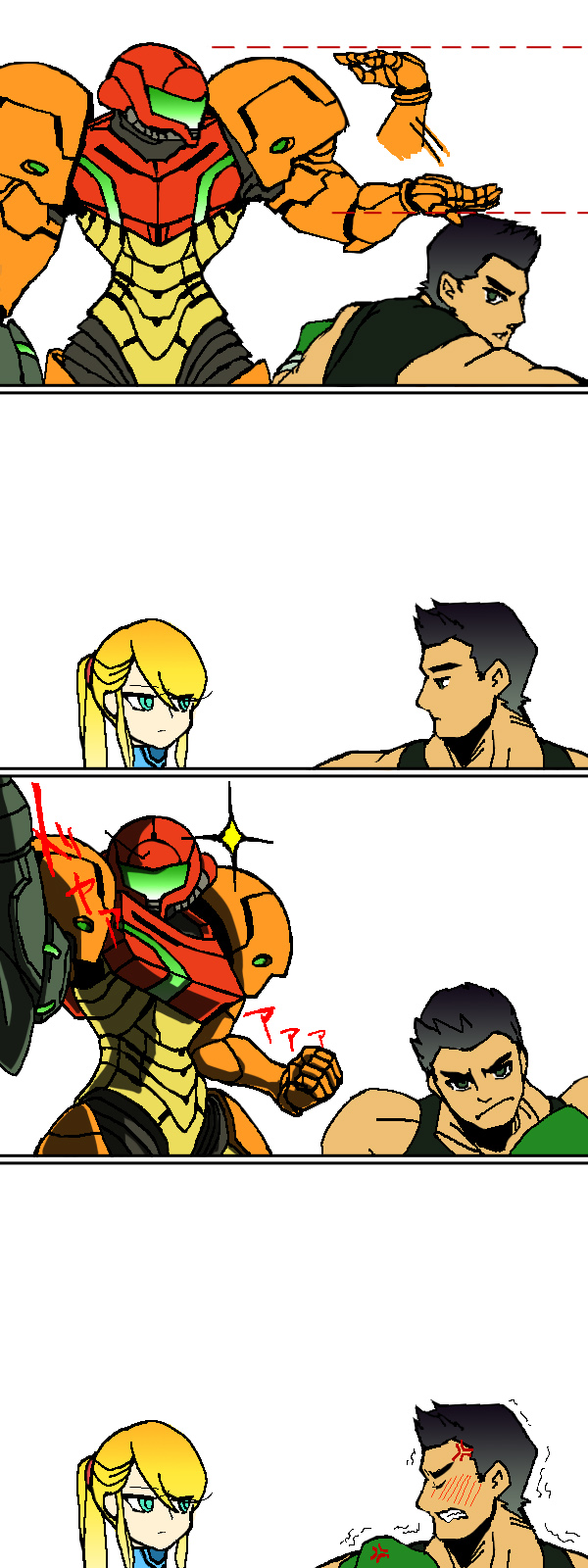 1girl anger_vein black_hair blonde_hair blue_eyes blush clenched_hand comic commentary_request height_difference highres jitome little_mac looking_at_another metroid metroid:_other_m motoji_(hamayarawa) ponytail punch-out!! samus_aran shining silent_comic super_smash_bros. trembling trolling zero_suit
