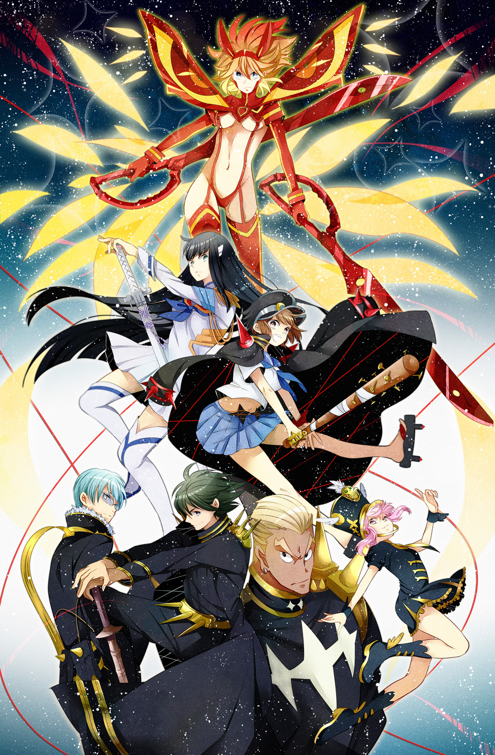 3boys 4girls bad_id bad_pixiv_id baseball_bat black_hair blonde_hair blue_hair boots breasts brown_hair cape commentary_request gamagoori_ira glasses green_eyes green_hair hat highres inumuta_houka jakuzure_nonon junketsu kanasuke kill_la_kill kiryuuin_satsuki legs mankanshoku_mako matoi_ryuuko medium_breasts multiple_boys multiple_girls nail nail_bat open_mouth pink_hair red_legwear sanageyama_uzu school_uniform scissors senketsu senketsu-kisaragi teeth thighhighs underboob weapon white_legwear wrist_cuffs