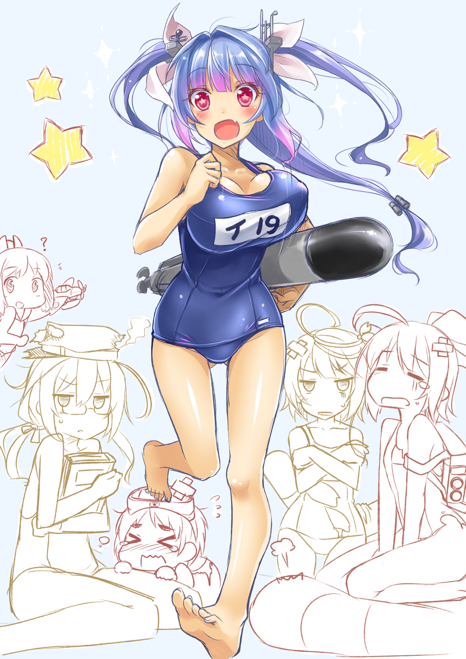 &gt;_&lt; :d =_= ? ahoge aircraft airplane ass_visible_through_thighs bandaid bare_legs barefoot baywatch blue_hair blush book bouncing_breasts breast_envy breast_hold breasts closed_eyes covered_nipples diving_mask diving_mask_on_head fang glasses hair_ribbon hat highres holding i-168_(kantai_collection) i-19_(kantai_collection) i-401_(kantai_collection) i-58_(kantai_collection) i-8_(kantai_collection) jitome kantai_collection large_breasts legs long_hair maru-yu_(kantai_collection) multiple_girls off_shoulder okitakung one-piece_swimsuit open_mouth pale_eye parody partially_colored red_eyes ribbon school_swimsuit seiza short_hair sitting smile soles star star-shaped_pupils steam swimsuit symbol-shaped_pupils tears torn_clothes torpedo twintails wariza