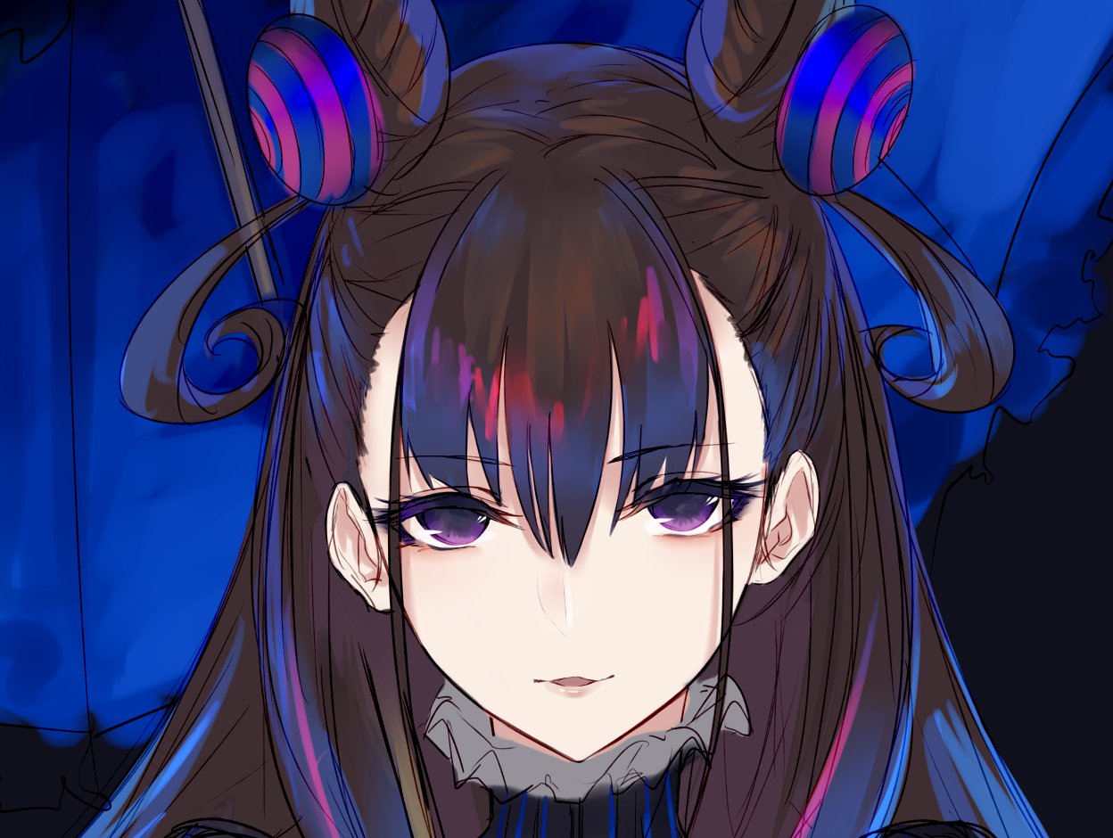 1girl black_background black_hair blue_umbrella commentary_request double_bun eyebrows_visible_through_hair eyelashes fate/grand_order fate_(series) hair_between_eyes hair_ornament jazztaki looking_at_viewer murasaki_shikibu_(fate) open_eyes open_mouth parted_lips purple_eyes simple_background solo umbrella