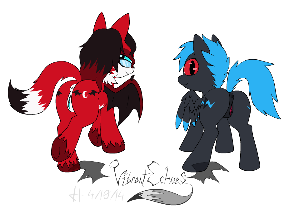 alpha_channel anus bat_wings black_fur black_hair blue_eyes blue_hair butt canine cutie_mark equine fangs feral fox fur hair hooves horse hybrid looking_at_viewer mammal my_little_pony original_character presenting presenting_hindquarters pussy raised_tail red_fur smile vibrantechoes vibrantechoes_(fursona) wings