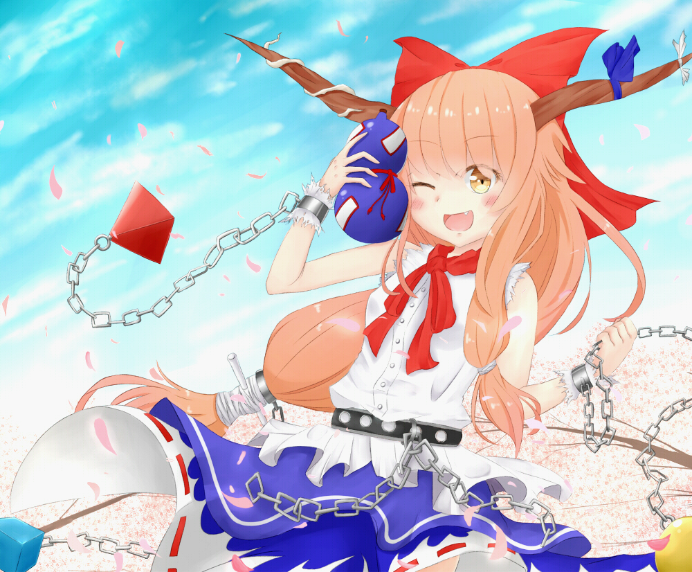 blue_ribbon blush bow brown_eyes chain cherry_blossoms cloud day gourd hair_bow holding horn_ribbon horns ibuki_suika immaterial_and_missing_power long_hair oni open_mouth orange_hair petals purple_skirt red_bow red_ribbon ribbon shirt shirua_(s4-42424) skirt sky sleeveless sleeveless_shirt solo touhou white_shirt