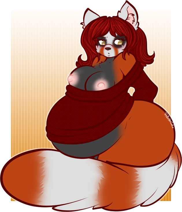 areola big_breasts big_butt big_ears black_nose blush breasts butt chest_tuft chubby clothed clothing cute ear_tuft erect_nipples female fur hair long_hair mammal nipples pregnant red_hair red_panda solo sweater tehbuttercookie tuft wide_hips