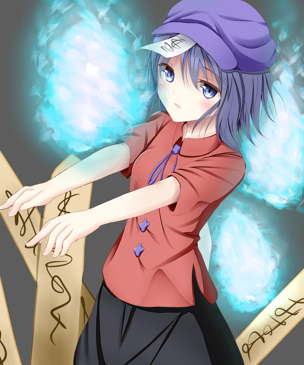 1girl blouse blue_eyes blue_hair commentary_request fang grey_background hat highres hitodama kisaneko looking_at_viewer miyako_yoshika ofuda outstretched_arms parted_lips ribbon shirt short_hair simple_background skirt solo touhou zombie_pose