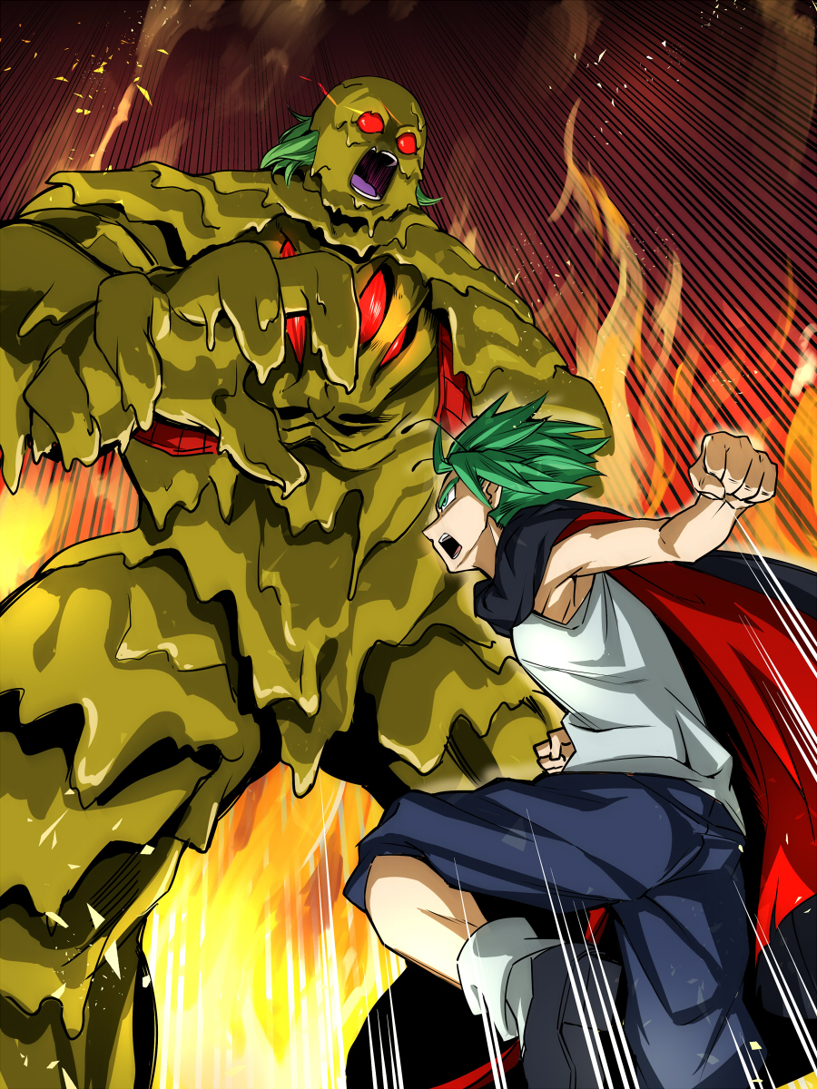 1girl antennae asutora bare_arms bio_broly black_cape black_footwear blue_pants cape clenched_hand colored_eyelashes commentary_request dragon_ball dragonball_z feet_out_of_frame fire flame green_eyes green_hair highres kazami_yuuka leg_up looking_at_another motion_lines open_mouth pants plaid plaid_vest red_eyes red_vest shirt shoes short_hair sleeveless sleeveless_shirt socks standing touhou vest white_legwear white_shirt wriggle_nightbug