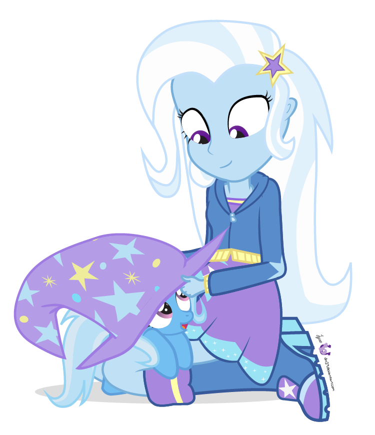 alpha_channel blue_hair clothing dm29 duo equine female friendship_is_magic hair hairpin hat hoodie horn human kneeling mammal my_little_pony plain_background purple_eyes skirt transparent_background trixie_(eg) trixie_(mlp) two_tone_hair unicorn white_hair wizard_hat young