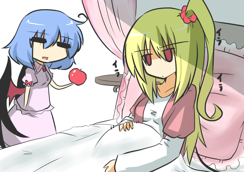 =_= ahoge alternate_costume apple bat_wings blonde_hair blue_hair chibi closed_eyes commentary flan-maman flandre_scarlet food fruit goma_(gomasamune) hand_on_own_stomach holding jewelry jitome long_sleeves looking_at_another multiple_girls no_hat no_headwear older on_bed pendant pillow pregnant puffy_short_sleeves puffy_sleeves red_eyes remilia_scarlet short_hair short_sleeves side_ponytail simple_background sitting skirt skirt_set standing table touhou white_background wings