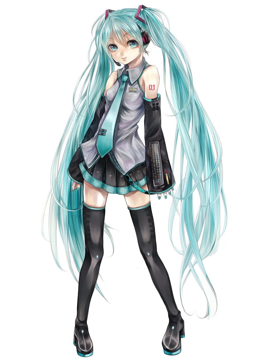 alpha_transparency aqua_eyes aqua_hair blacksio boots detached_sleeves full_body hatsune_miku headset highres long_hair nail_polish necktie pigeon-toed simple_background skirt solo thigh_boots thighhighs twintails very_long_hair vocaloid white_background