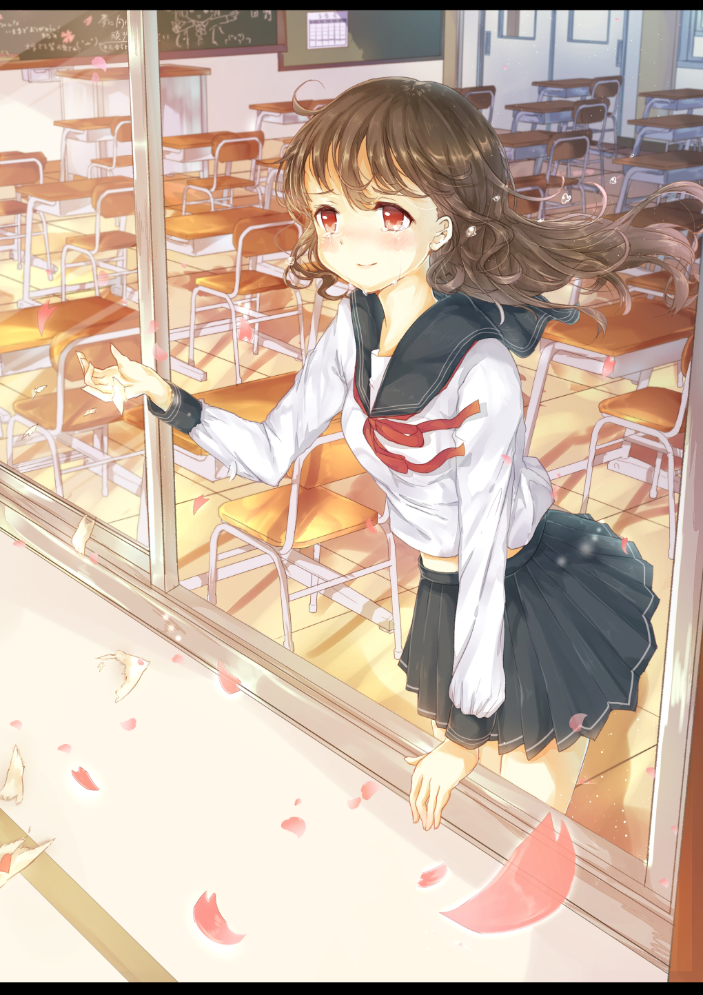 blush brown_hair calendar_(object) chair chalkboard cherry_blossoms classroom commentary_request crying crying_with_eyes_open desk door from_outside graduation highres letterboxed long_hair original petals red_eyes school_desk school_uniform shiramori_sawa skirt smile solo tears window
