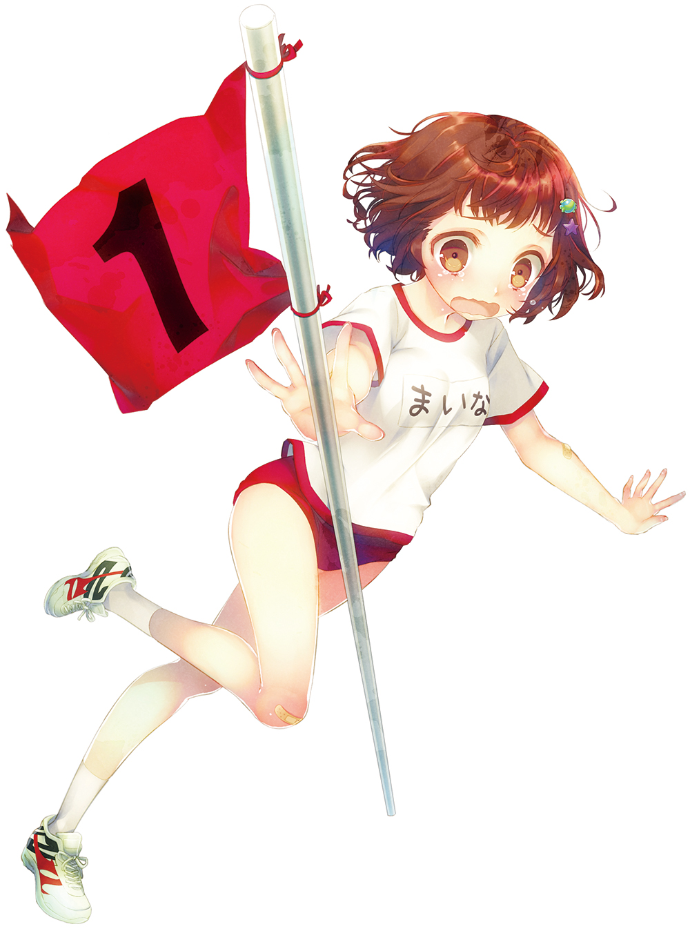 bandaid bandaid_on_knee blush brown_eyes brown_hair buruma flag full_body gym_uniform hair_ornament hairclip highres igarashi_maina namanie numbered_flag official_art open_mouth psycome shoes short_hair simple_background sneakers socks solo tears wavy_mouth white_background