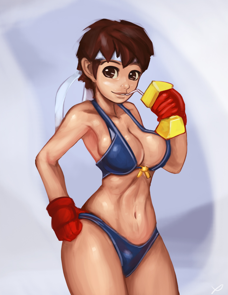 bad_deviantart_id bad_id bikini blue_sailor_collar breasts brown_eyes brown_hair cleavage gloves headband juice_box kasugano_sakura large_breasts lips navel red_gloves sailor_collar short_hair sideboob solo street_fighter swimsuit xdraws