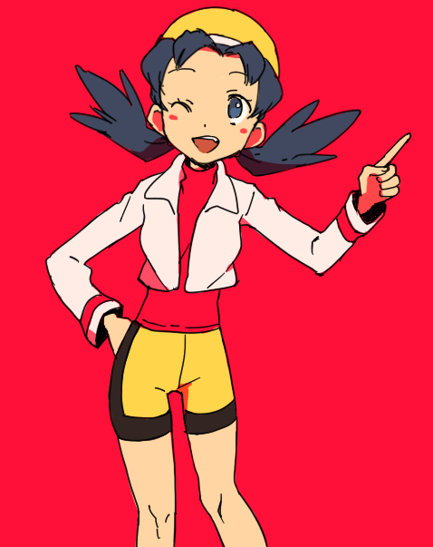 ;) bare_legs bike_shorts blue_hair crystal_(pokemon) hat ochappa one_eye_closed pink_background pokemon pokemon_(game) pokemon_gsc smile twintails