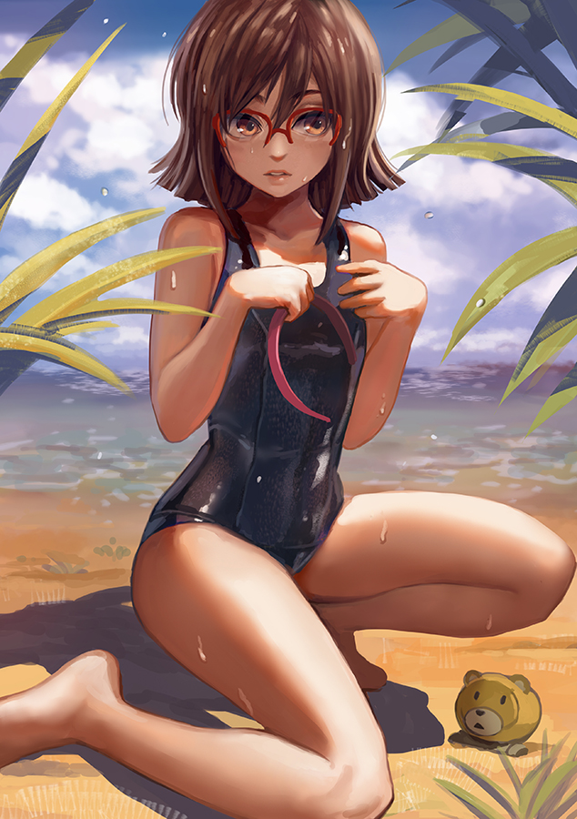 barefoot blush breasts brown_hair danann glasses gundam gundam_build_fighters hairband hairband_removed kousaka_china one-piece_swimsuit red-framed_eyewear school_swimsuit short_hair small_breasts solo swimsuit wet