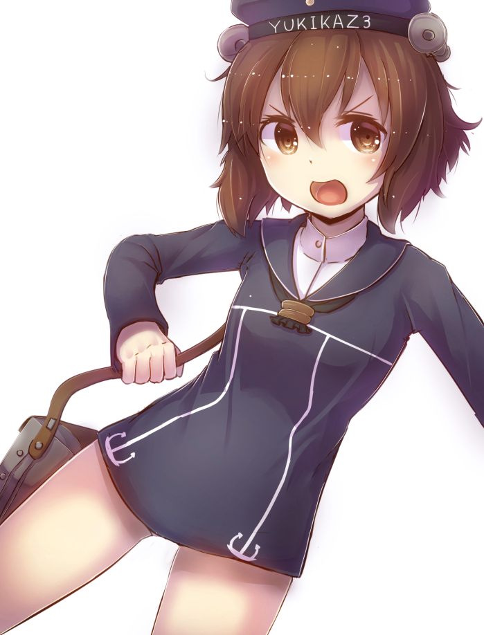 :d brown_eyes brown_hair cannon clothes_writing cosplay dress hair_ornament hat kantai_collection long_sleeves minarai_shachou open_mouth portmanteau sailor_dress sailor_hat short_hair smile solo turret v-shaped_eyebrows yukikaze_(kantai_collection) z3_max_schultz_(kantai_collection) z3_max_schultz_(kantai_collection)_(cosplay)