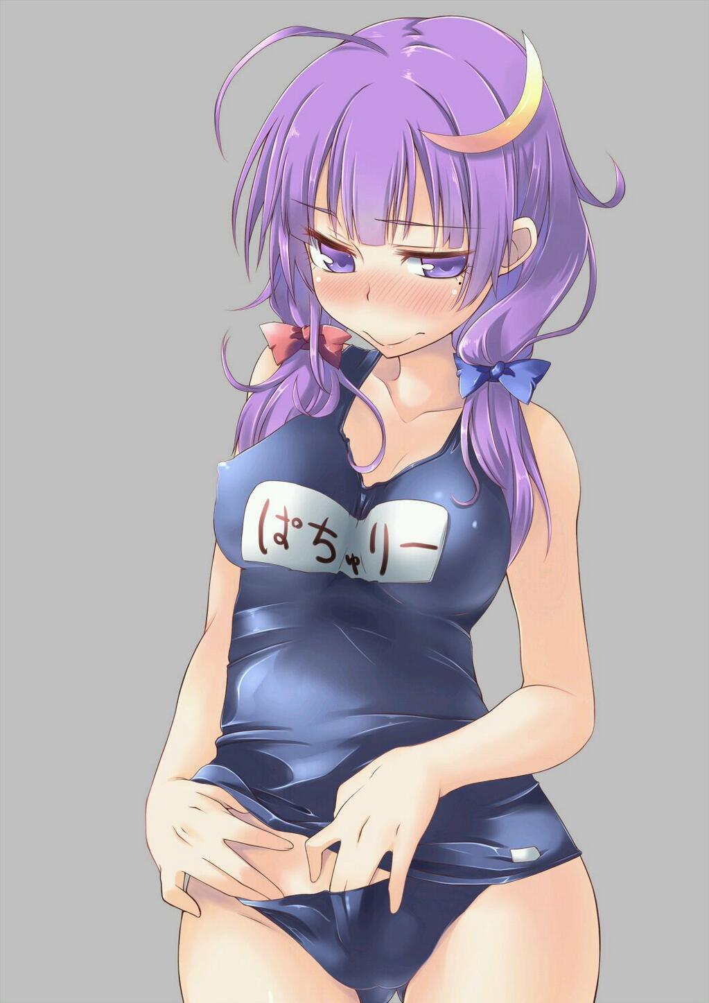 alternate_costume alternate_hair_length alternate_hairstyle blush bow breasts cameltoe character_name covered_nipples cowboy_shot crescent downscaled embarrassed grey_background hair_bow hair_ornament highres large_breasts looking_at_viewer md5_mismatch mole name_tag nipples no_hat no_headwear one-piece_swimsuit patchouli_knowledge purple_eyes purple_hair resized school_swimsuit school_swimsuit_flap short_hair simple_background solo spirytus_tarou swimsuit text_focus touhou