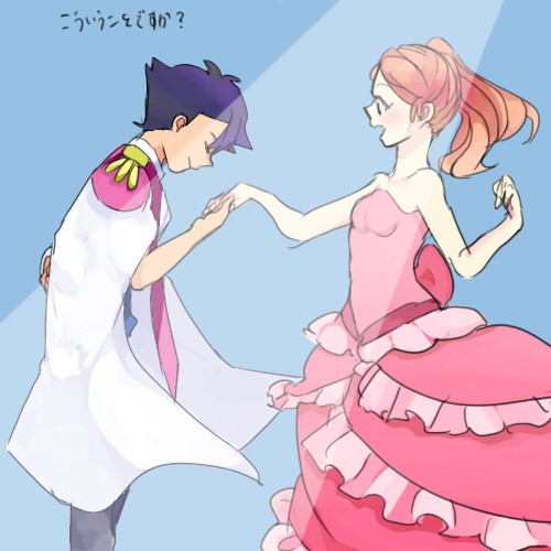 1boy 1girl black_hair breasts brown_hair cape cloak collarbone couple dress ears eyes_closed frown green_eyes hair_ornament happy hat knight long_hair necktie nintendo open_mouth poke_ball pokemon pokemon_(anime) pokemon_(game) pokemon_xy ponytail princess satoshi_(pokemon) serena_(pokemon) skirt small_breasts smile solo spiked_hair teeth