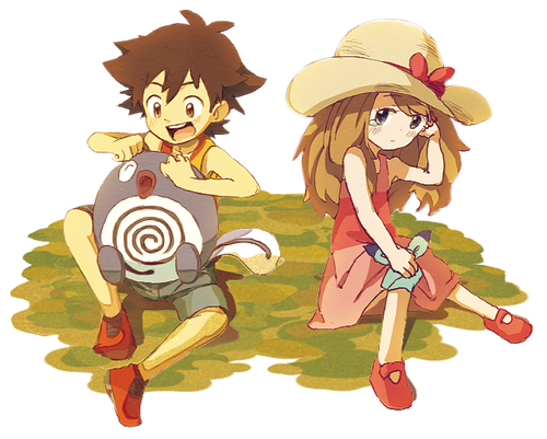 1boy 1girl bare_shoulders black_hair blonde_hair brown_hair couple dress grass green_eyes happy hat hug knees legs long_hair miniskirt nintendo open_mouth outdoors pokemon pokemon_(anime) pokemon_(game) pokemon_xy poliwag sad satoshi_(pokemon) serena_(pokemon) shirt shoes short_hair shortband shorts sitting skirt smile straw_hat sundress tears teeth tongue younger