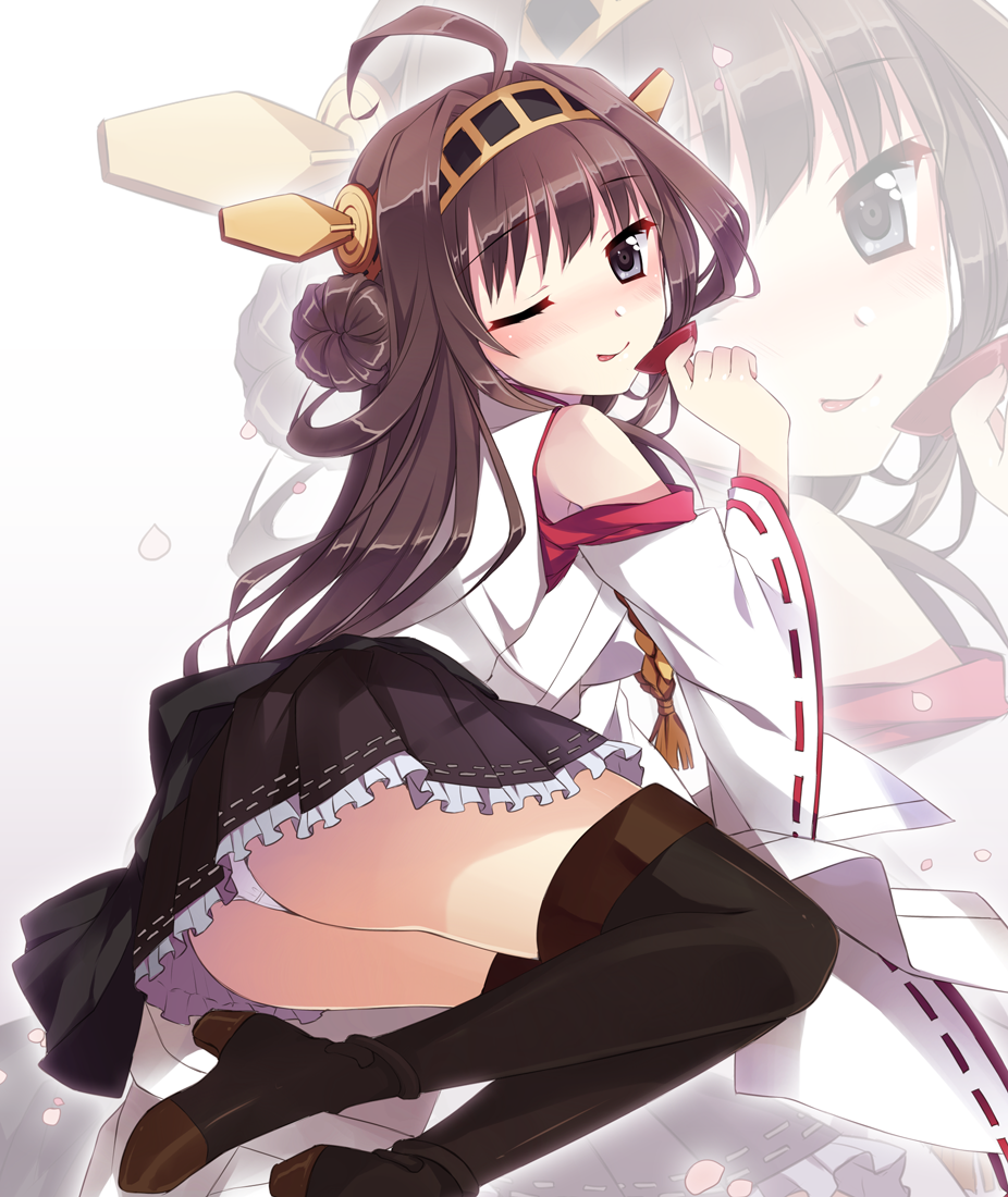 ;p ahoge ass ayamisiro bare_shoulders black_eyes blush boots brown_hair detached_sleeves double_bun hairband japanese_clothes kantai_collection kongou_(kantai_collection) long_hair nontraditional_miko one_eye_closed panties pantyshot skirt smile solo thigh_boots thighhighs tongue tongue_out underwear white_panties zoom_layer