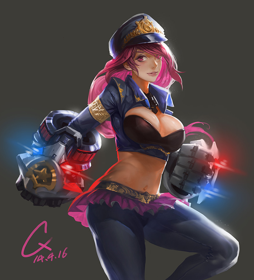 armlet blue_legwear bra breasts cleavage dated gauntlets glowing hat large_breasts league_of_legends lips long_hair microskirt midriff mr.q navel necktie officer_vi pantyhose peaked_cap pink_eyes pink_hair police police_uniform policewoman skirt smile solo strapless strapless_bra underwear uniform vi_(league_of_legends)