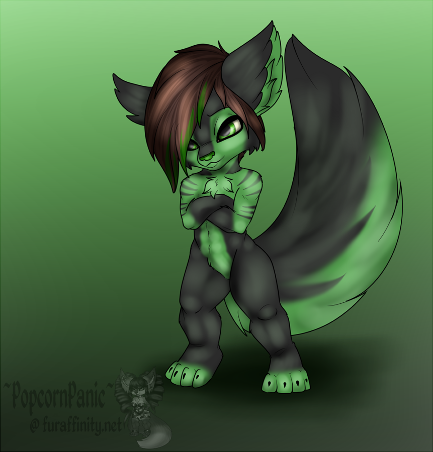 blaze_(marking) brown_hair chest_tuft chibi countershading crossed_arms cute dyed_hair fluffy_tail fur gloves_(marking) green_eyes green_highlights green_nose green_theme hair hair_over_eye huge_tail male markings popcornpanic stripes toeless_(marking) tuft