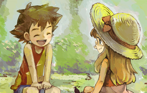 1boy 1girl bare_shoulders black_hair blonde_hair brown_hair couple dress forest grass green_eyes happy hat hug knees legs long_hair looking_at_another miniskirt nature nintendo open_mouth outdoors pokemon pokemon_(anime) pokemon_(game) pokemon_xy satoshi_(pokemon) serena_(pokemon) shirt short_hair shortband shorts sitting skirt straw_hat sundress teeth tongue tree v_arms worried younger