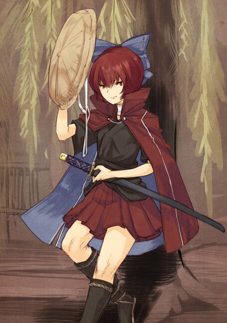 adapted_costume against_tree alternate_costume bad_id bad_twitter_id boots bowl bowl_hat cape hair_ornament hair_ribbon hat katana knee_boots looking_at_viewer red_eyes red_hair red_skirt ribbon sekibanki sheath sheathed shirt short_hair short_sleeves skirt smile solo sword touhou tree turtleneck urin weapon