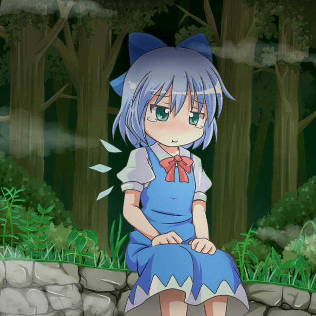 blue_hair blush bow cirno green_eyes hair_bow ice ice_wings jitome mikan_imo pout sad short_hair sitting solo tears touhou wings