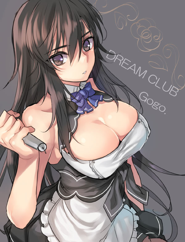 apron bare_shoulders black_dress blue_bow blue_neckwear bow bowtie breasts brown_eyes brown_hair cleavage cleavage_cutout copyright_name dream_c_club dream_c_club_(series) dream_c_club_gogo. dream_c_club_uniform dress large_breasts long_hair looking_at_viewer microphone miyabi_(dream_c_club_gogo.) parted_lips solo tenkuu_sphere white_apron