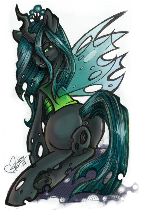 anus black_body butt changeling female feral friendship_is_magic green_eyes grin hair horn invalid_tag long_hair looking_at_viewer my_little_pony plain_background ponut presenting pussy queen_chrysalis_(mlp) raised_tail seductive skuttz solo white_background wings