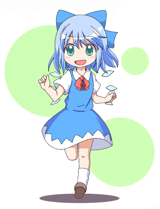 blue_hair blush bow cirno dress green_eyes hair_bow ice ice_wings mikan_imo open_mouth running short_hair smile solo touhou wings
