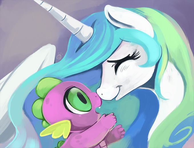 baby boop cute dragon duo ende equine eyes_closed fangs female friendship_is_magic good_parenting green_eyes hair horn male mammal multi-colored_hair my_little_pony princess_celestia_(mlp) slit_pupils spike_(mlp) spines touching_noses winged_unicorn wings young