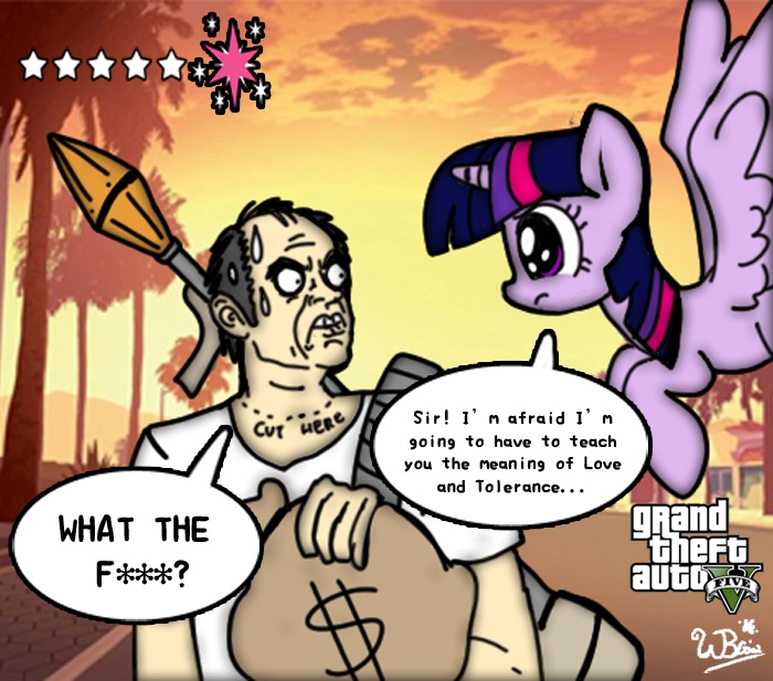 bag crossover dialog duo english_text equine flying friendship_is_magic fur grand_theft_auto grand_theft_auto_v hair horn horse human los_santos mammal money mountain my_little_pony palm_tree pony purple_eyes purple_fur purple_hair rpg street sunset sweat text this_will_end_in_tears trevor_phillips twilight_sparkle_(mlp) video_games waltzbrony wanted winged_unicorn wings