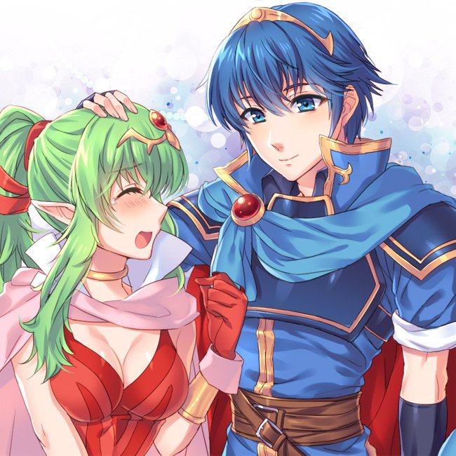 1boy 1girl awayuki_ramika belt blue_eyes blue_hair blush breasts cape chiki cleavage closed_mouth eyes_closed fire_emblem fire_emblem:_kakusei fire_emblem:_monshou_no_nazo fire_emblem_heroes gloves green_hair hair_ribbon hand_on_another's_head long_hair looking_to_the_side mamkute marth medium_breasts nintendo open_mouth pointy_ears ponytail red_gloves ribbon short_hair short_sleeves smile tearing_up tiara