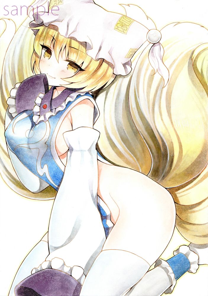 animal_ears arm_support armpits blonde_hair breasts cat_ears covered_nipples detached_sleeves fox_ears fox_tail hand_to_own_mouth hat kneeling large_breasts looking_at_viewer mugicha_(mugicha0929) multiple_tails naked_tabard sample short_hair sideboob smile solo tabard tail thighhighs thighs touhou wide_sleeves yakumo_ran yellow_eyes