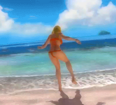 1girl 3d animated animated_gif ass beach bikini blonde_hair breasts dead_or_alive dead_or_alive_5 dolphin helena_douglas large_breasts lowres midriff nail_polish ocean official_art screencap solo swimsuit tecmo thong thong_bikini
