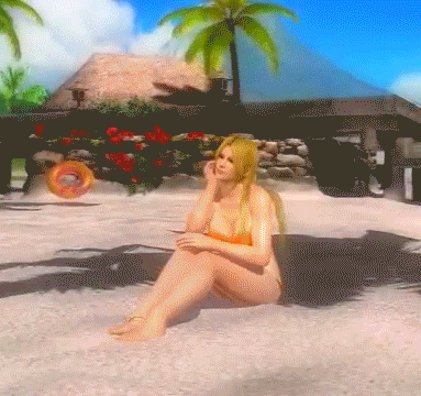 1girl 3d animated animated_gif ass beach bikini blonde_hair breasts dead_or_alive dead_or_alive_5 dolphin helena_douglas large_breasts lowres midriff nail_polish ocean official_art screencap sitting solo swimsuit tecmo thong thong_bikini