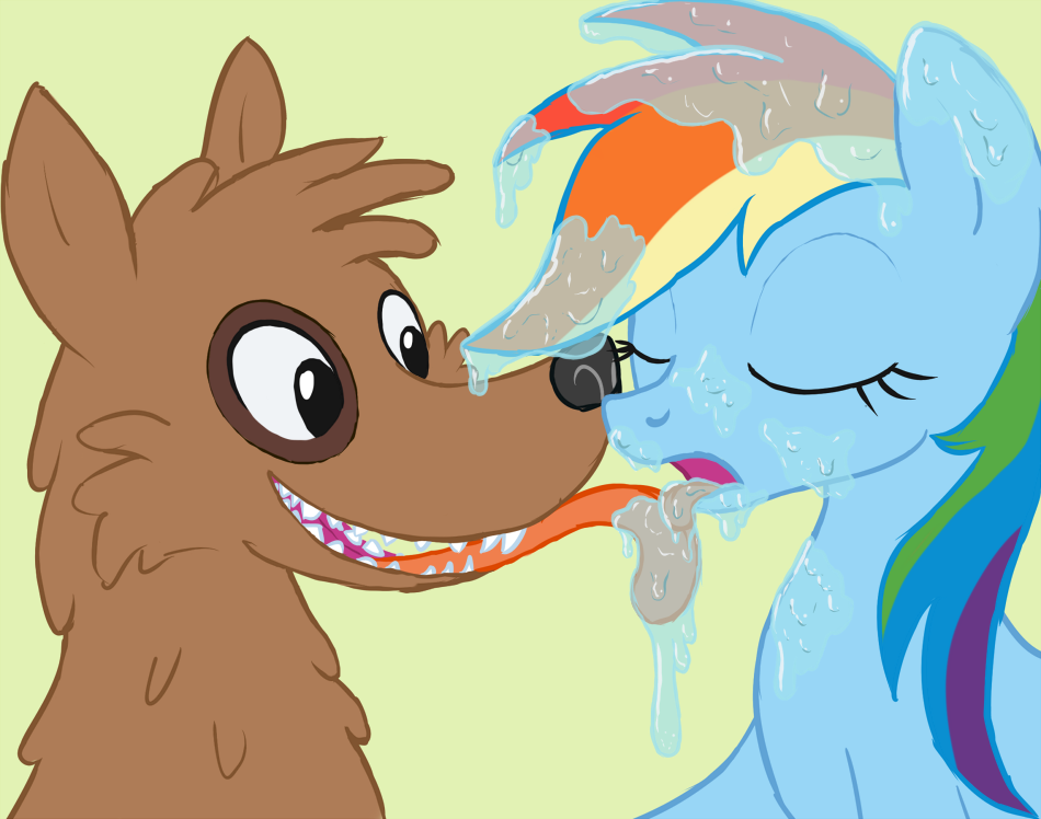 bestiality blue_fur brown_fur canine dog drooling duo equine eyes_closed feral friendship_is_magic fur hair horse interspecies licking mammal multi-colored_hair my_little_pony open_mouth orthros orthros_(mlp) pegasus pony rainbow_dash_(mlp) rainbow_hair saliva sharp_teeth teeth tongue tongue_out wings