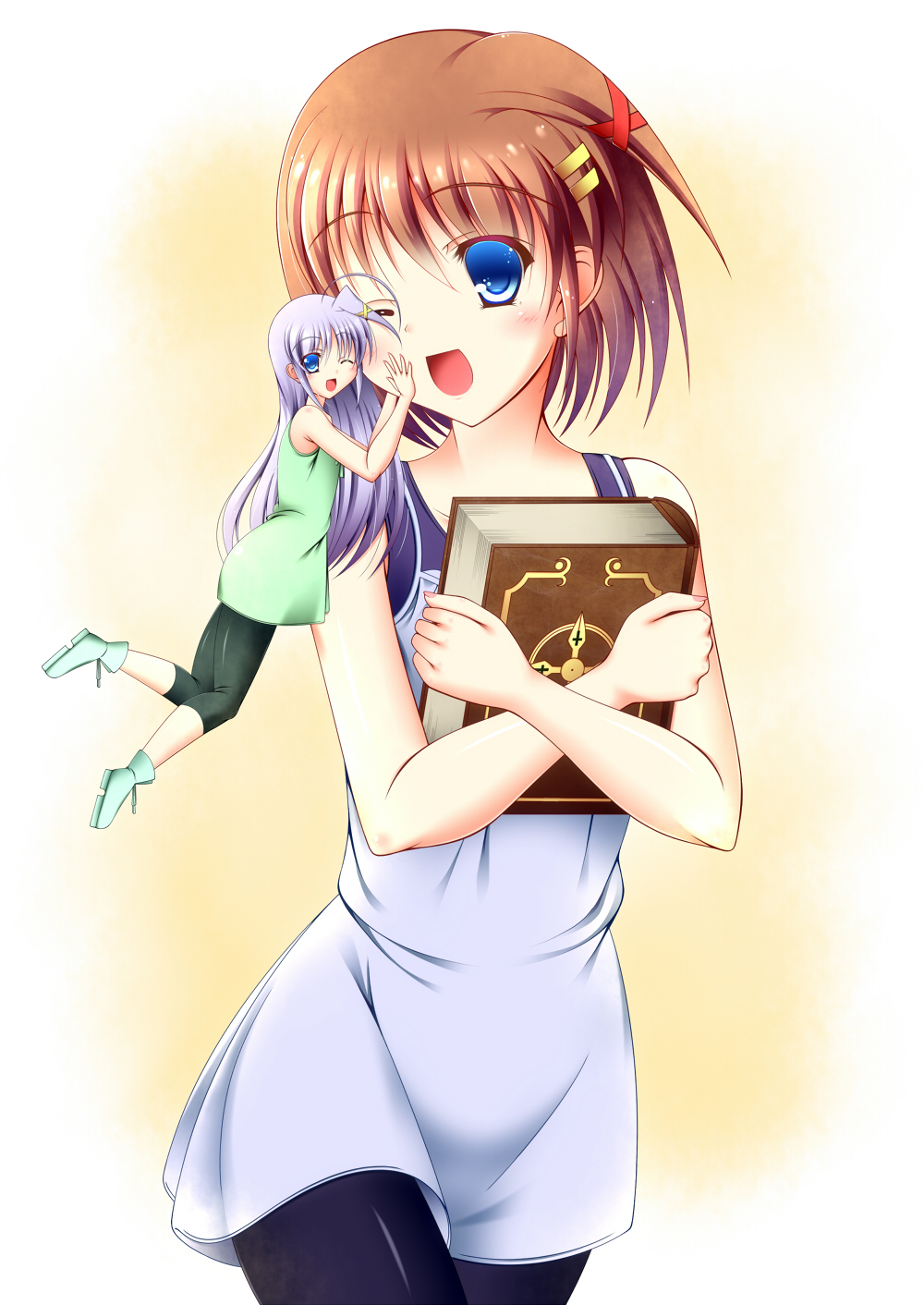 ;d ahoge ak@tsuki blue_eyes blush book brown_hair casual contemporary dress hair_ornament hand_on_another's_face highres holding leggings long_hair lyrical_nanoha mahou_shoujo_lyrical_nanoha mahou_shoujo_lyrical_nanoha_a's minigirl multiple_girls one_eye_closed open_mouth pantyhose reinforce_zwei short_hair silver_hair smile tome_of_the_night_sky x_hair_ornament yagami_hayate