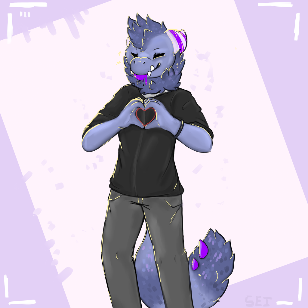 &lt;3 2014 abstract_background baxi blue_fur close-up eyebrows fluffy_tail fur hair hoodie jeans losermonster male monster multi_colored_horns neck_fluff purple_tounge short_hair smile snaggle_tooth spikes_on_tail wrinkles_in_clothes wristband