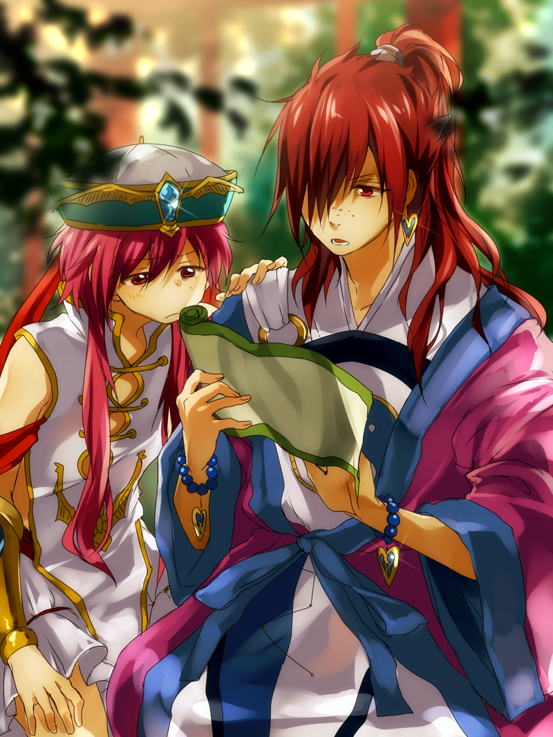 brothers chinese_clothes hat magi_the_labyrinth_of_magic multiple_boys nuriko-kun red_eyes red_hair ren_kouha ren_koumei scroll short_hair siblings