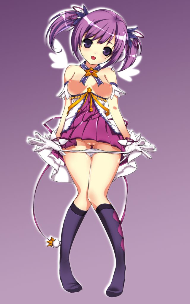 aisha_(elsword) breasts elsword flash gloves kuro_(kuronell) nipples open_mouth purple_eyes purple_hair pussy ribbon ribbons socks twintails uncensored undressing