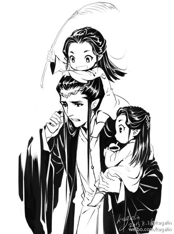 artist_name child circlet dated elladan elrohir elrond family father_and_son feathers greyscale kagalin lord_of_the_rings male_focus monochrome multiple_boys on_head person_on_head siblings signature twins watermark web_address